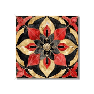 May include: A square mandala design with a black, red, and gold color scheme. The design features a central flower with eight petals and a repeating pattern of leaves and swirls.