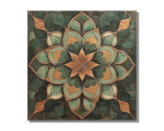 May include: A green and gold mandala with a geometric pattern. The mandala is made up of overlapping circles and petals, creating a complex and intricate design.