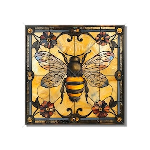 May include: A stained glass window panel featuring a bee with black and yellow stripes, surrounded by stylized flowers in shades of blue, red, and yellow. The bee is set against a yellow background with a black and gold frame.