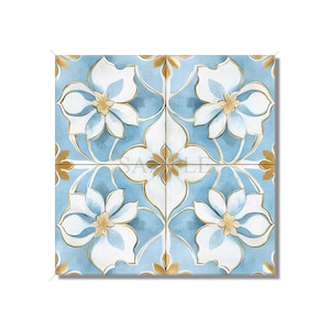 May include: A blue and white tile with a gold floral pattern. The tile has a repeating pattern of four flowers with gold outlines and centers.
