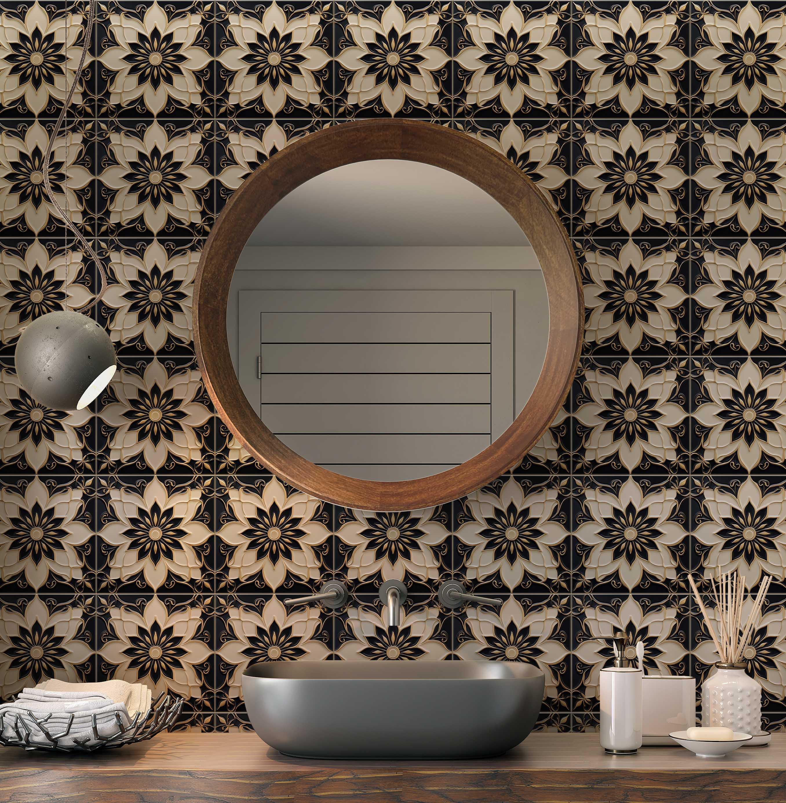 Black Patterned Ceramic Tile - Vintage Design Tile Design - Kitchen ...