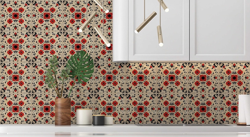 Red and Black Floral Ceramic Tile - Cottage Kitchen Backsplash Tile ...