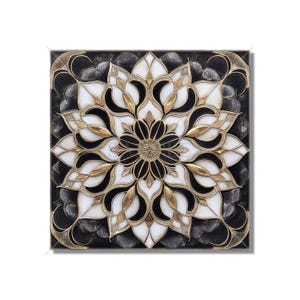 May include: A black and white mandala with gold accents. The mandala is a circular design with intricate patterns and details. The design is framed by a black background.