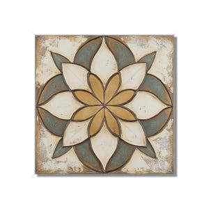 May include: Square wall art featuring a floral design. The artwork has a distressed, textured appearance with a color palette of cream, gold, and teal. The flower design is centered on a square background.