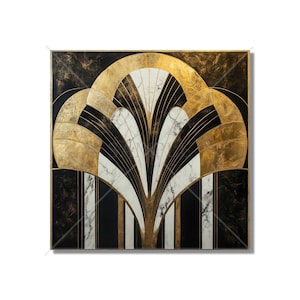 May include: A square canvas painting with a geometric design in black, white, and gold. The design features a stylized, symmetrical pattern of overlapping arches and lines.