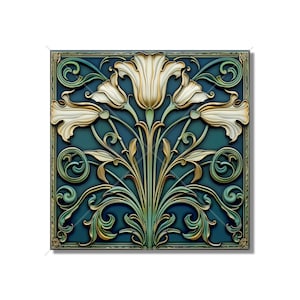 Blue Green Ceramic Tile Art Deco - Art Nouveau Design Blue Green Cream Unique Kitchen Backsplash Tile Bathroom Tile - Antique Design Tile