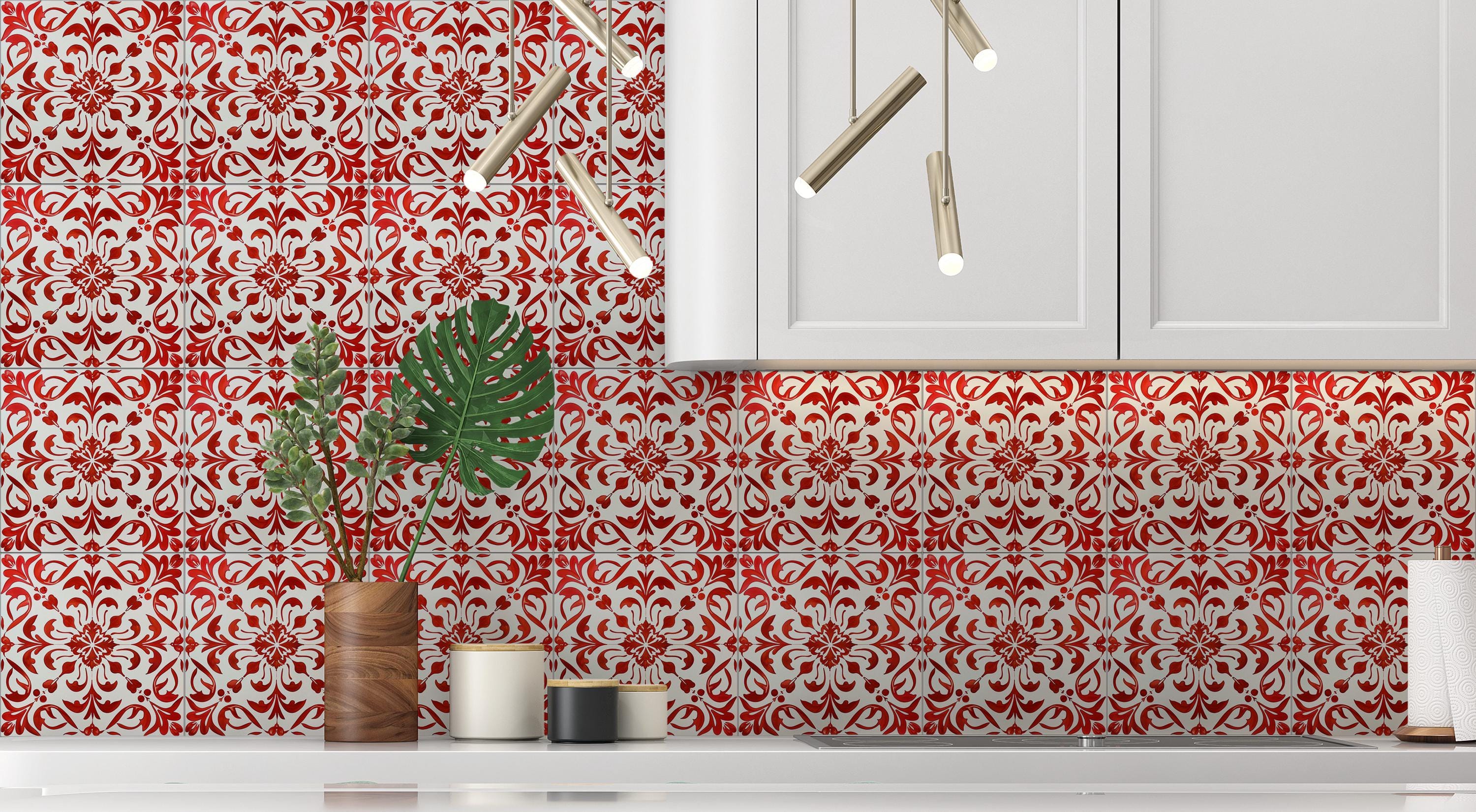 Red Ceramic Pattern Red Patterned Ceramic Tile - Red Kitchen Backsplash Tile - Vintage ...