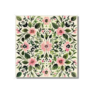 May include: A square floral pattern with pink flowers and green leaves on a cream background. The pattern is symmetrical and has a vintage feel.