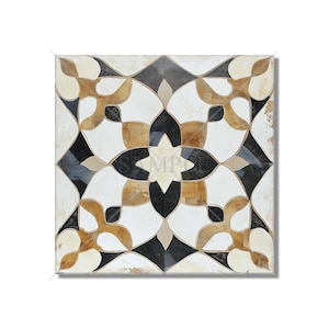 May include: A square tile with a geometric pattern in black, white, and brown. The pattern features a central star shape with four curved petals.