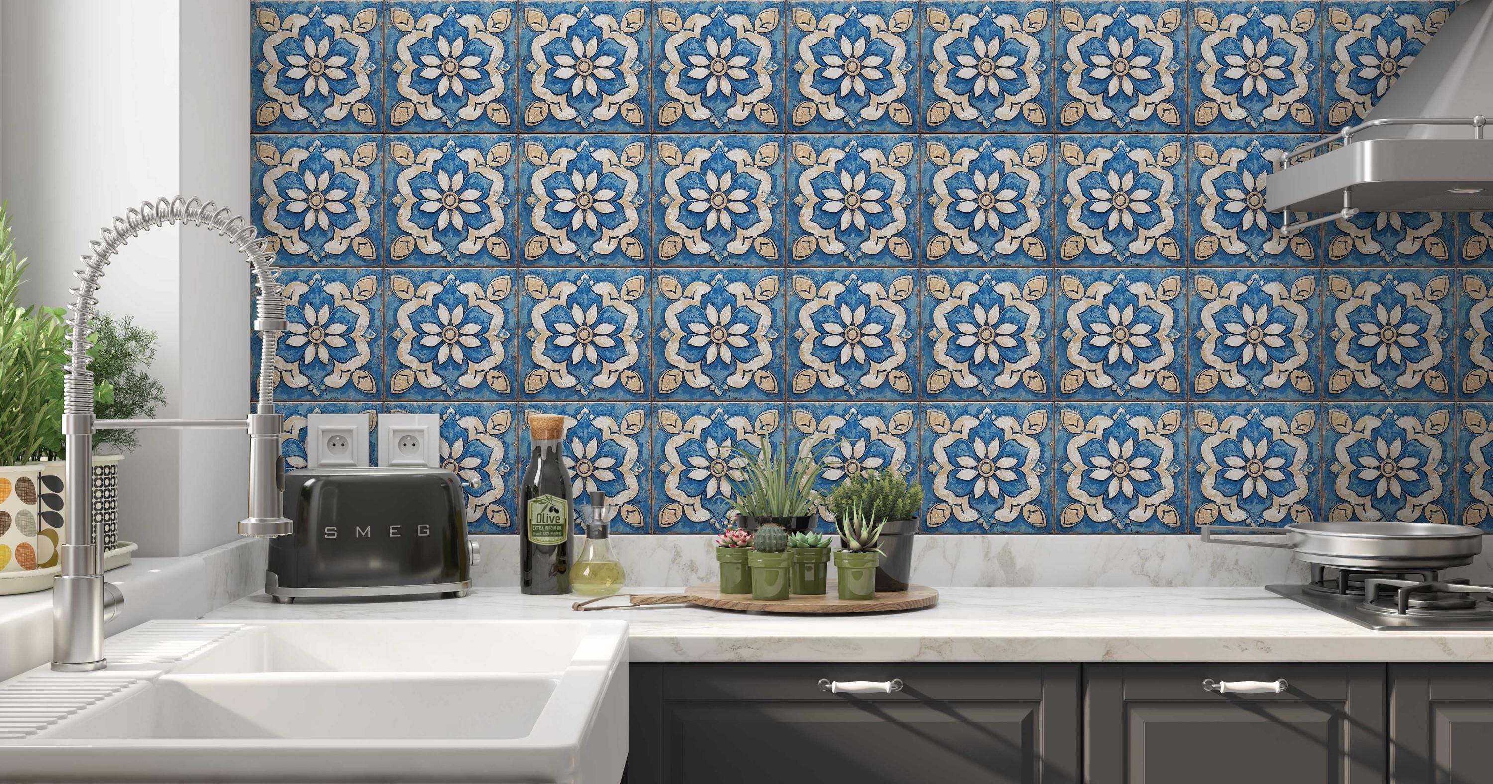 Blue and off White Ceramic Tile - Vintage Aged Design Tile - Unique ...