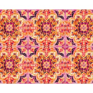 May include: A rectangular pattern with a repeating watercolour design. The pattern displays a symmetrical arrangement of floral-like motifs in shades of orange, pink, and purple, set against a cream background. The design has a vintage, artistic feel.