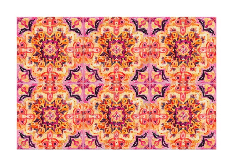 May include: A rectangular pattern with a repeating watercolour design. The pattern displays a symmetrical arrangement of floral-like motifs in shades of orange, pink, and purple, set against a cream background. The design has a vintage, artistic feel.