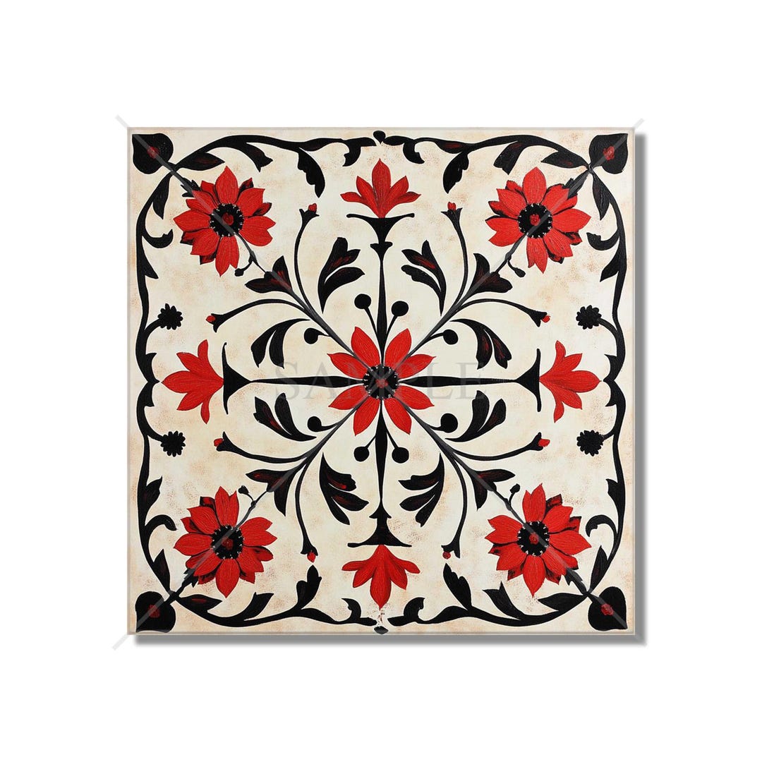Red and Black Ceramic Tile - Vintage French Floral Design Tile - Red ...