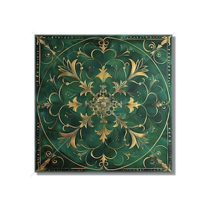 May include: A square green and gold decorative tile with a floral pattern. The tile has a dark green background with a gold floral design in the center. The design is symmetrical and has a repeating pattern of leaves and flowers.