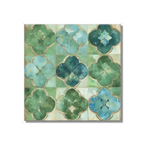 May include: A square tile pattern with nine green and blue quatrefoil shapes. The quatrefoils are outlined in gold and have a distressed, aged look.