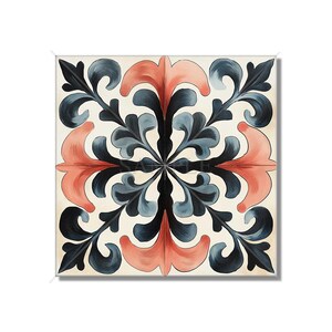 May include: A square tile with a repeating pattern of stylized floral designs in shades of blue, black, and coral pink on a white background.