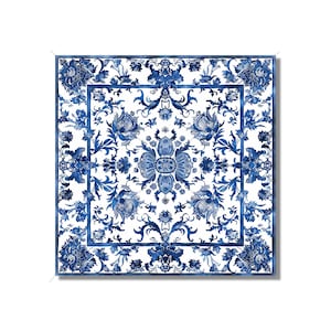 May include: A square blue and white patterned tile with a floral design. The tile has a white background with a blue floral pattern.