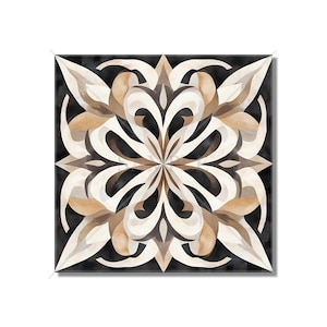 May include: A square tile with a black background and a white and brown geometric pattern. The pattern is symmetrical and resembles a stylized flower.