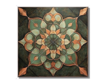 Könnte beinhalten: Ein quadratisches Wandbild mit einem Mandala-Design in Grün, Orange und Braun. Das Mandala besteht aus komplizierten geometrischen Formen und Mustern.