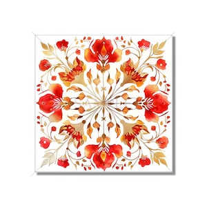 May include: Square watercolor floral design featuring a symmetrical arrangement of red and orange flowers, with gold and brown accents. The design is set against a white background, creating a vibrant and detailed pattern. The artwork has a delicate, hand-painted appearance.