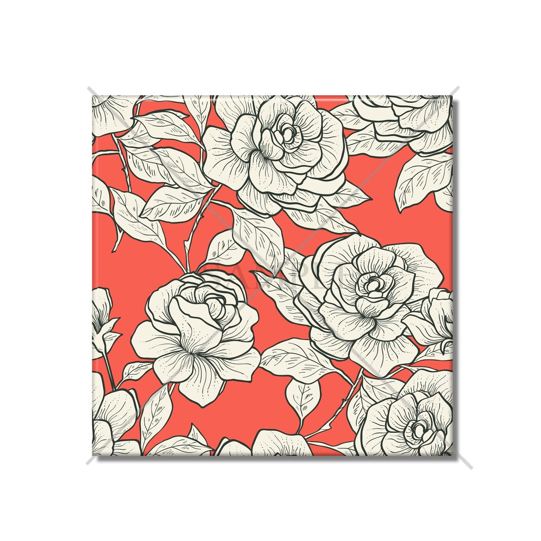 Vintage Botanical Floral Ceramic Tile Bright Coral and Ivory Etsy