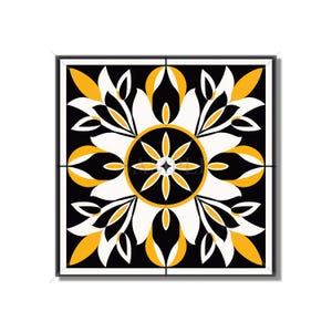 May include: Black and yellow geometric tile pattern with a floral design. The tile has a white center with a black and yellow flower.