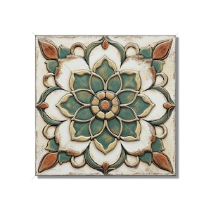 May include: A square ceramic tile with a white background and a green and brown floral design. The center of the design is a large green flower with a smaller yellow and orange flower in the center. The tile has a distressed look.