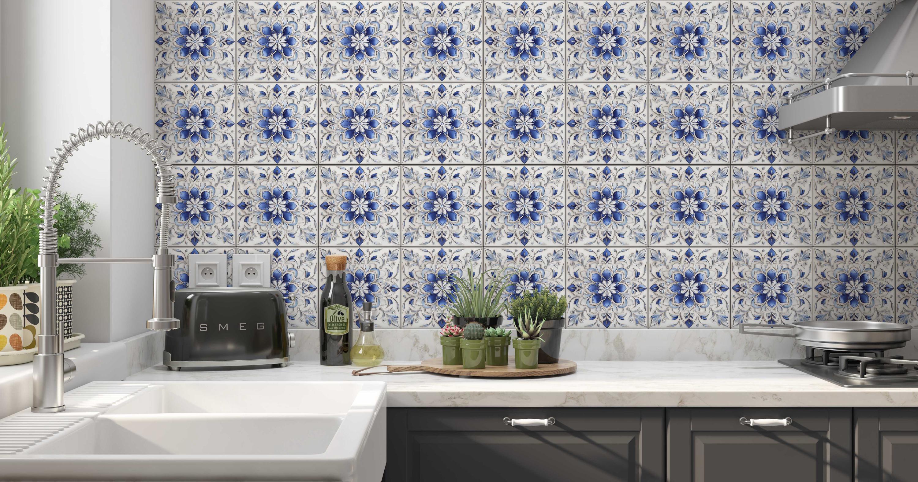 Blue and White Ceramic Tile - Vintage Tile Design Kitchen Backsplash ...