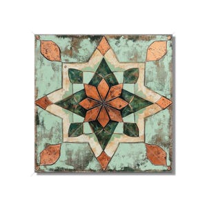 May include: A square tile with a geometric design in shades of green, brown, and white. The design features a central star shape with intricate details.