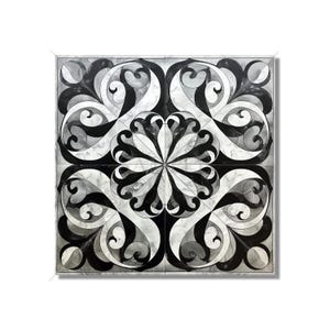 May include: Black and white geometric pattern with a floral design. The pattern is symmetrical and has a repeating motif of swirls and leaves.