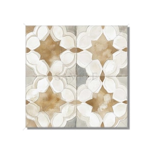 May include: A square tile with a repeating pattern of brown and white stars and flower shapes. The tile has a distressed, vintage look.