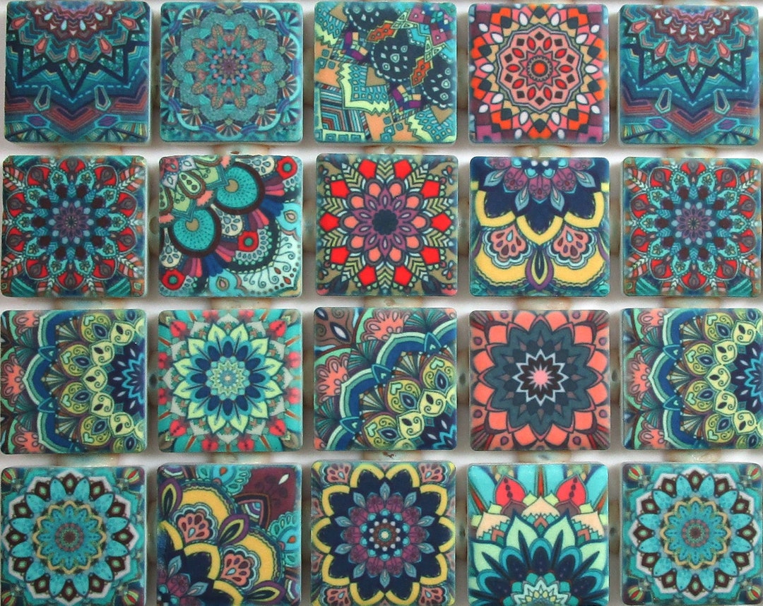 Teal Turquoise Yellow Moroccan Medallions Ceramic Mosaic Tiles ...