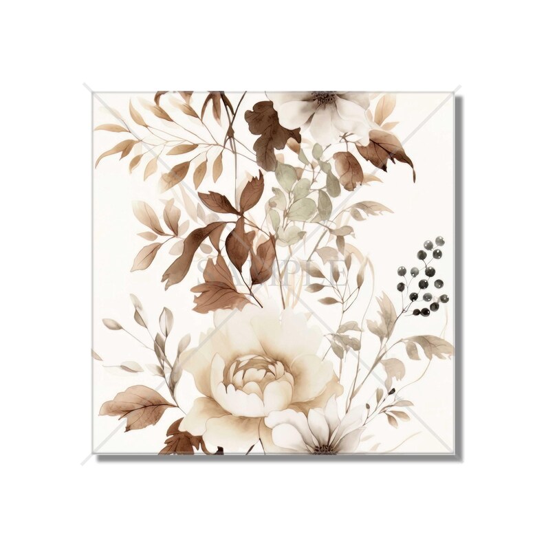 Puede incluir: Una pintura de acuarela de un ramo de flores en tonos marrones y blancos. Las flores est&aacute;n dispuestas en un estilo suelto y natural, y el fondo es un blanco suave.