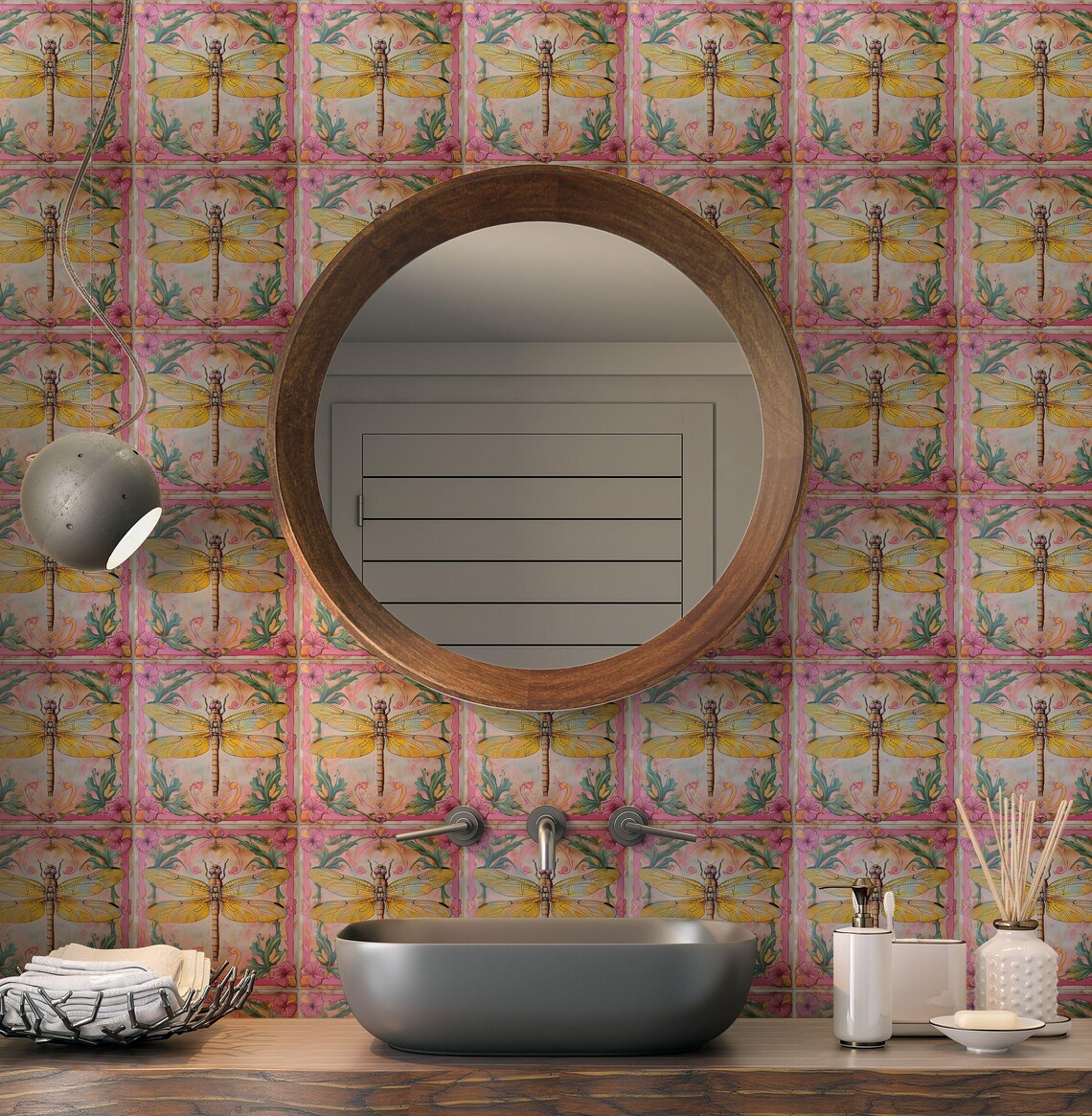 Yellow Pink Dragonfly Design Ceramic Accent Tile - Kitchen Accent Tile ...