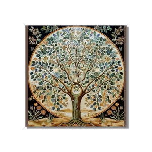 May include: A circular tapestry featuring a detailed, stylized tree with a dark brown trunk and branches. The tree is filled with green leaves, yellow flowers, and small, colorful birds. The background is a dark blue with a gold border.