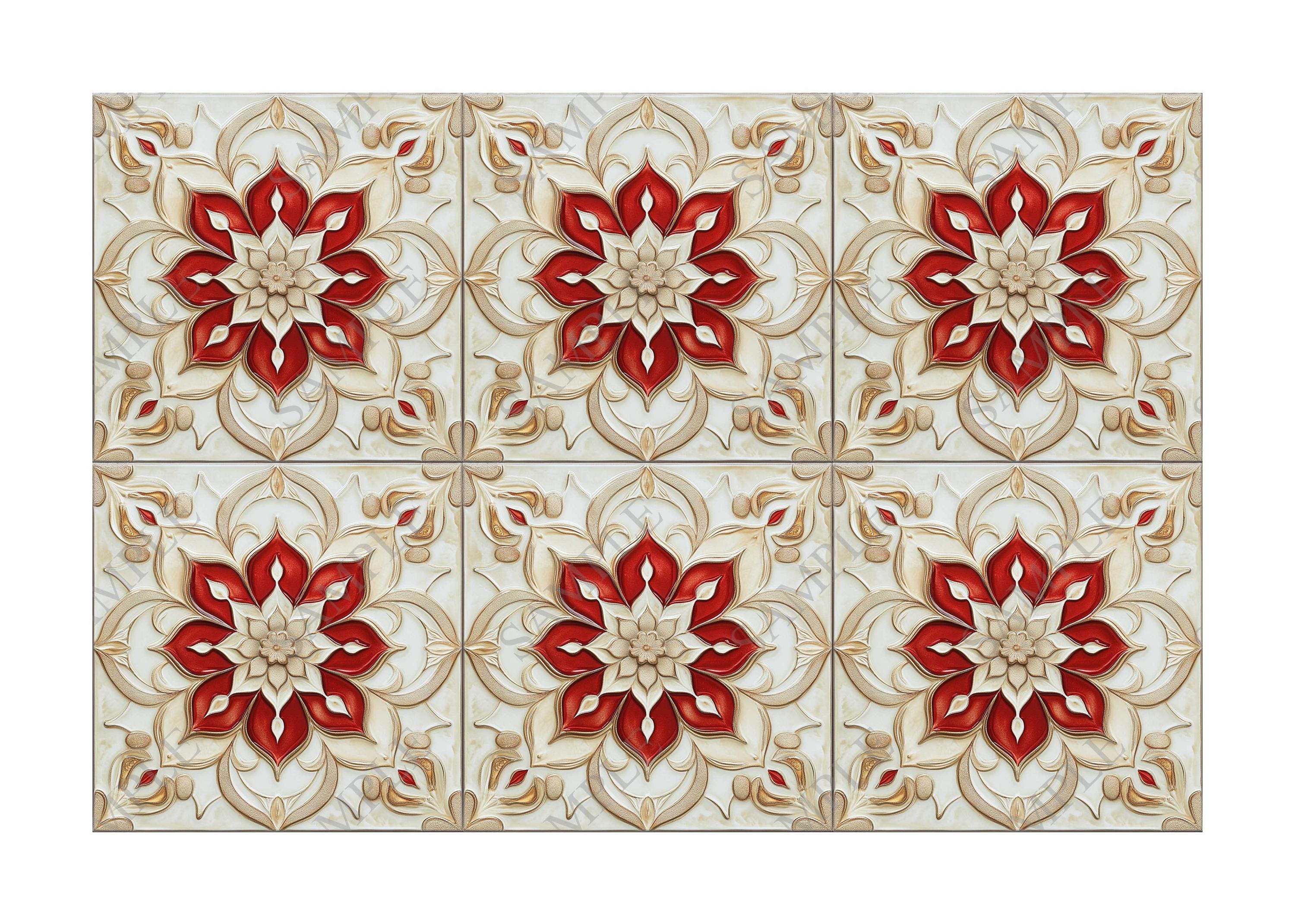 Red Cream Patterned Ceramic Tile - Unique Red Kitchen Backsplash Tiles ...