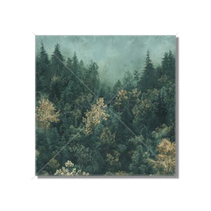 May include: A square wall art print featuring a dense forest landscape with deep green pine trees and scattered golden-hued foliage. The scene is enveloped in a soft, misty atmosphere, creating a layered view of woodland vegetation and tall conifers.