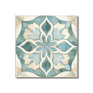 May include: A square canvas print with a blue and white geometric pattern. The pattern is a stylized flower with a central circle and radiating petals.