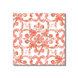 May include: A square tile with a repeating pattern of coral-colored floral designs on a white background.