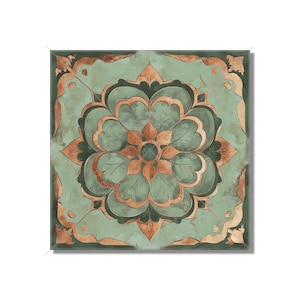 May include: A square tile with a green and copper floral design. The tile has a distressed look, with faded areas and a worn texture.