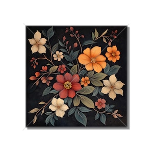May include: A floral illustration with a dark background featuring a variety of flowers in shades of orange, red, and white. The flowers are arranged in a bouquet-like formation with leaves and stems.