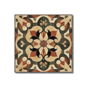 May include: A square tile with a geometric pattern in shades of brown, green, and black. The pattern features a central motif of four overlapping leaves, surrounded by a border of smaller leaves and swirls.