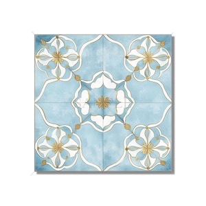 May include: A square tile with a blue background and a white and gold geometric pattern. The pattern is made up of repeating shapes and lines, creating a symmetrical design.