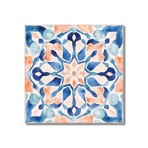 May include: A watercolor tile design with a blue and peach color scheme. The design features a symmetrical pattern of geometric shapes.