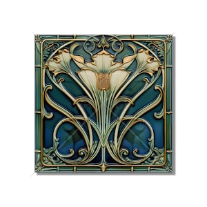 Blue Green Ceramic Tile Art Deco - Art Nouveau Design Blue Green Cream Unique Kitchen Backsplash Tile Bathroom Tile - Antique Design Tile