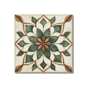May include: Square tile with a floral design. The pattern features green and white petal-shaped elements, outlined in brown, radiating from a central orange flower. The background has a cream color with a slightly aged appearance.