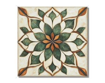 May include: Square tile with a floral design. The pattern features green and white petal-shaped elements, outlined in brown, radiating from a central orange flower. The background has a cream colour with a slightly aged appearance.
