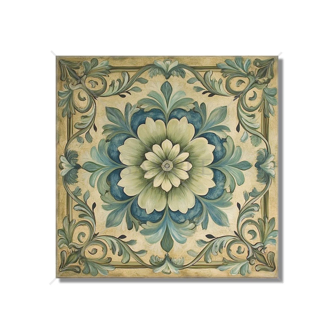 Blue and Green Ceramic Tile Antique Floral - Green Blue Tan Kitchen ...