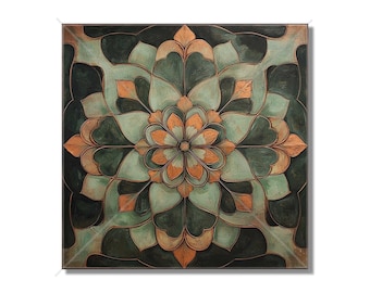 May include: A square canvas painting with a geometric design in shades of green, brown, and orange. The design features a central flower with multiple layers of petals.