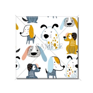 May include: A seamless pattern featuring various cartoon dogs in different poses and colors. The dogs are drawn in a playful and whimsical style with bold outlines and bright colors, including yellow, blue, and gray. The pattern is perfect for fabric, wallpaper, or wrapping paper.